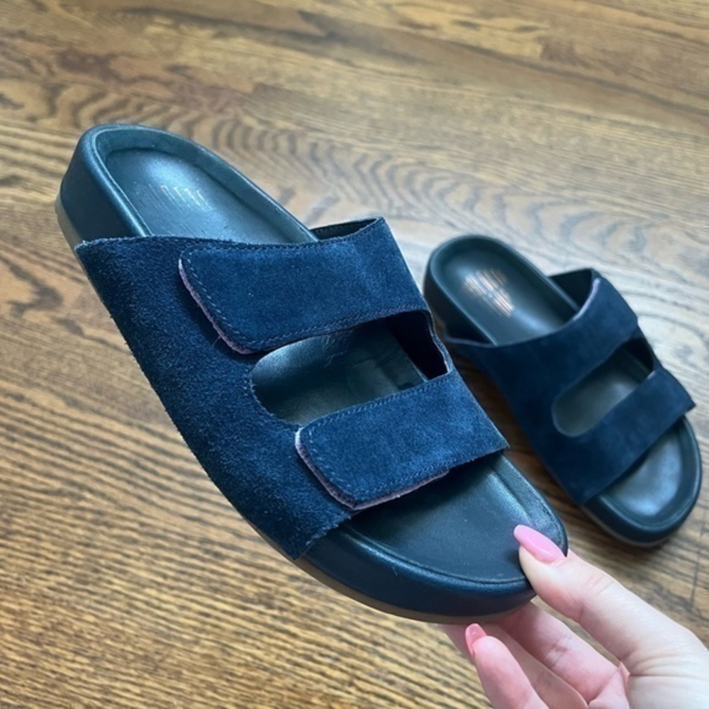 Charlotte Stone Lewie Navy Blue Suede Velcro Slip On Slides Sandals Size 5 - Picture 3 of 11